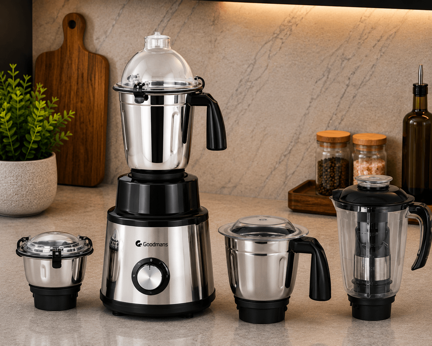 Goodmans 1000W Heavy Duty 4-Jar Mixer Grinder (Silver)