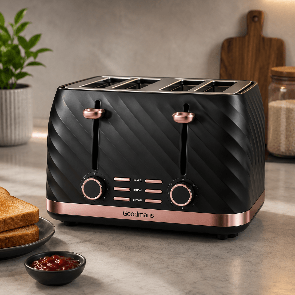 GOODMANS Textured 4 Slice Toaster Color : Black & Rose gold Material : Plastic 220-240V/50-60Hz (152920)