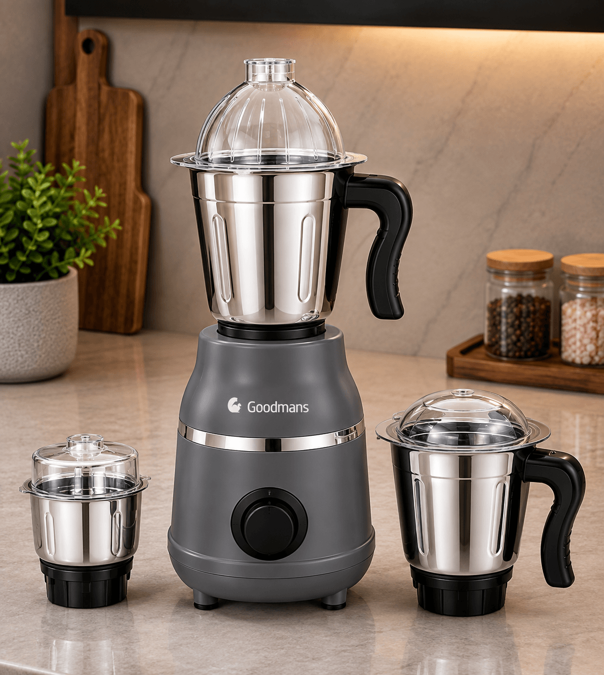 Goodmans 550W 3-Jar Mixer Grinder (Grey & Silver)